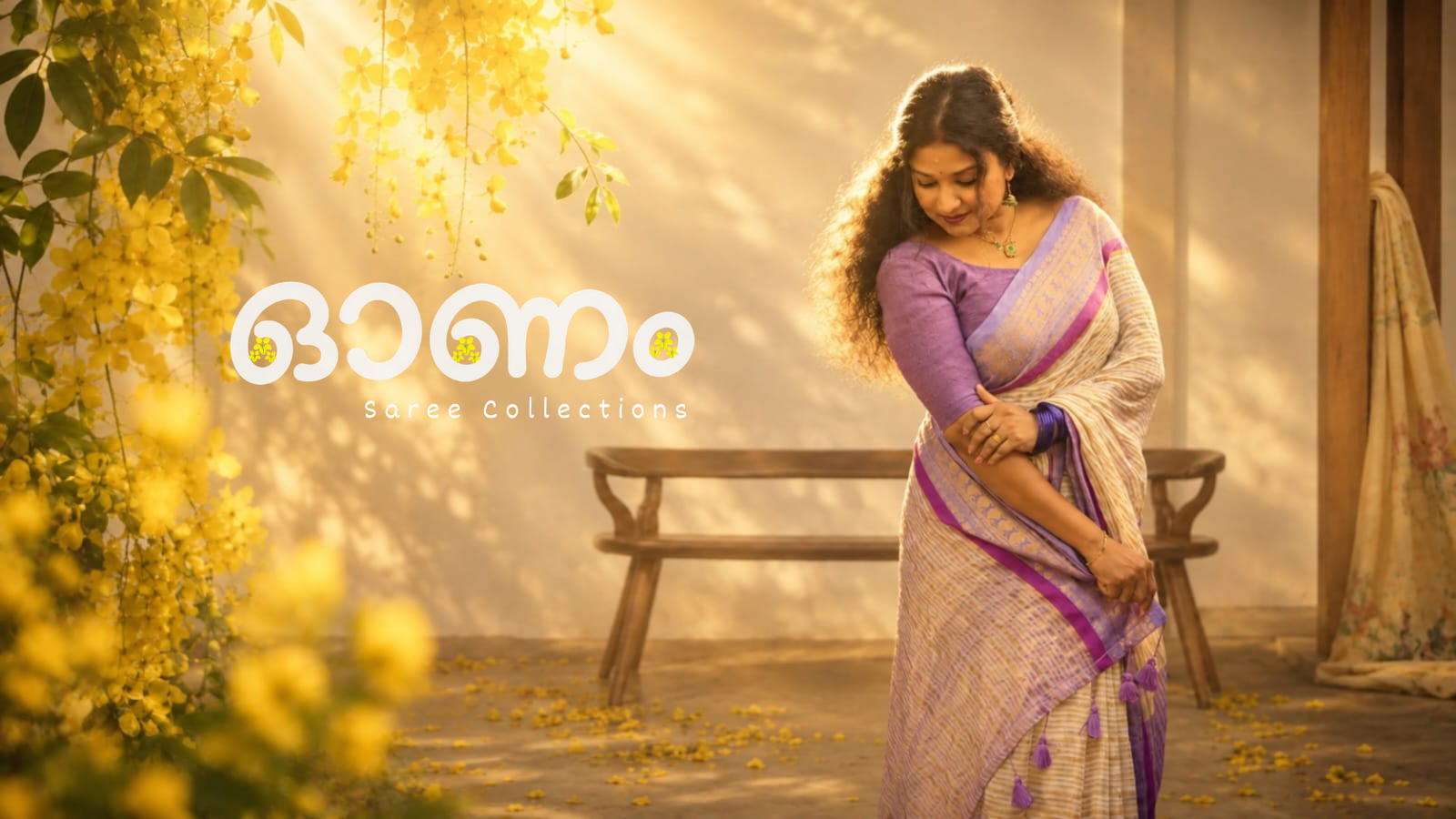 Elegant model in gold-motif saree with ornate jewelry